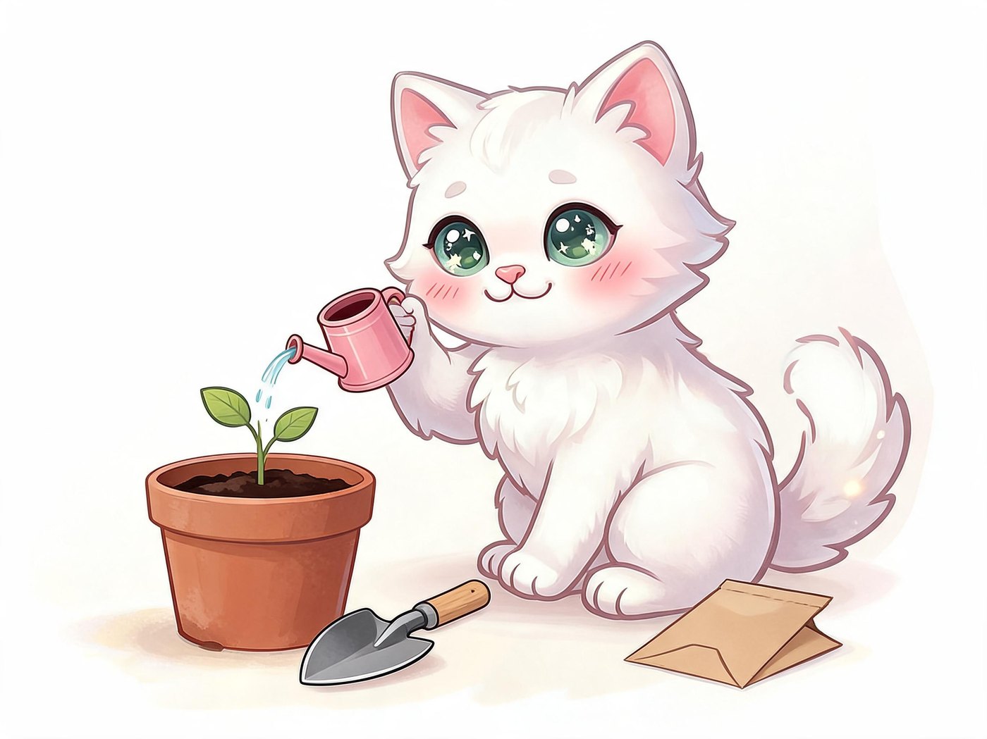 A kitten watering a seedling in a pot