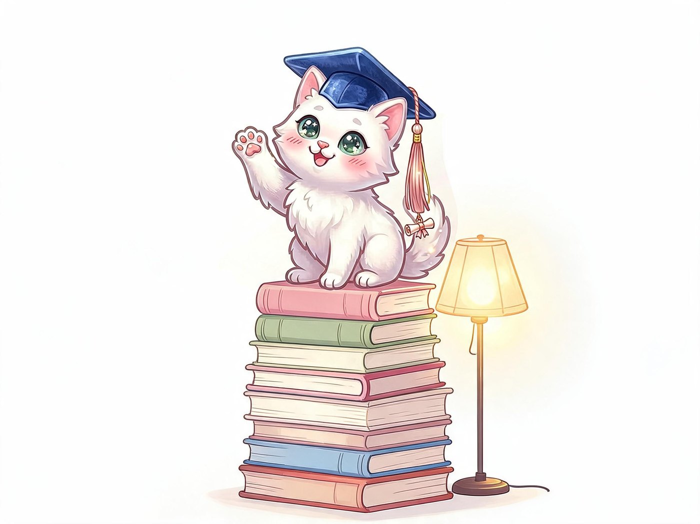 A kitten waving from the top of a tall stack of books