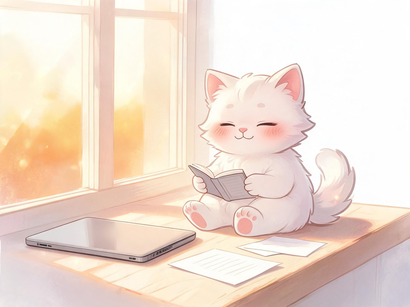 A kitten reading by a sunny window