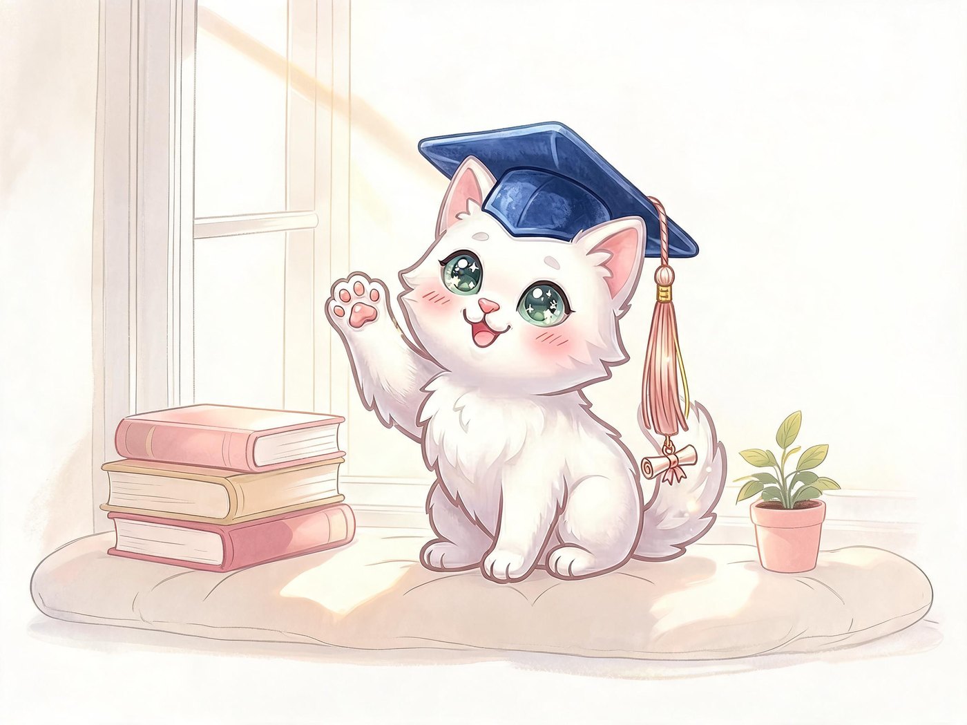 A white kitten waving happily by a sunny window